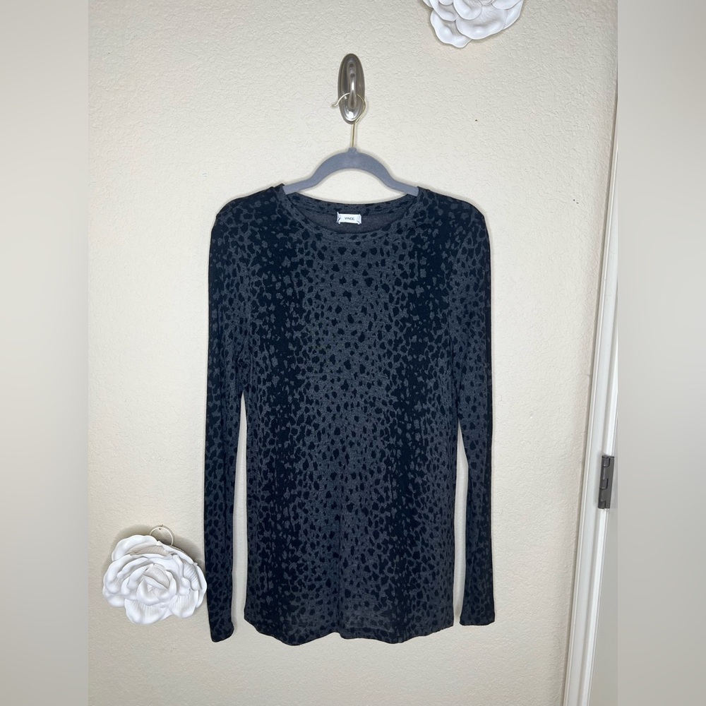 NTM Vince Leopard Print Long Sleeve Top Black Gray Lightweight Viscose Small